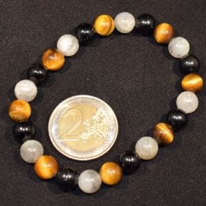 Bracelet 8mm LABRADORITE, TOURMALINE NOIRE et OEIL DE TIGRE